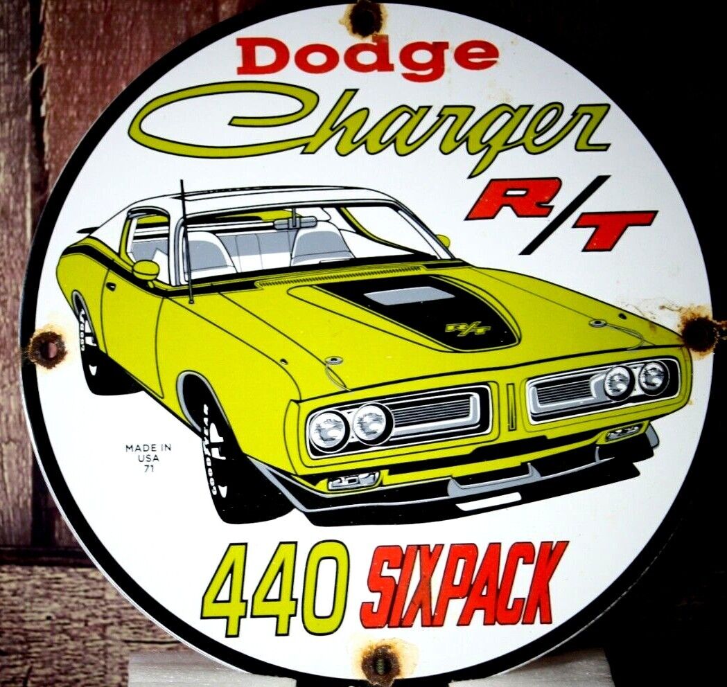 DODGE CHARGER R/T, 440 SIX PACK   PORCELAIN COLLECTIBLE, RUSTIC, ADVERTISING 