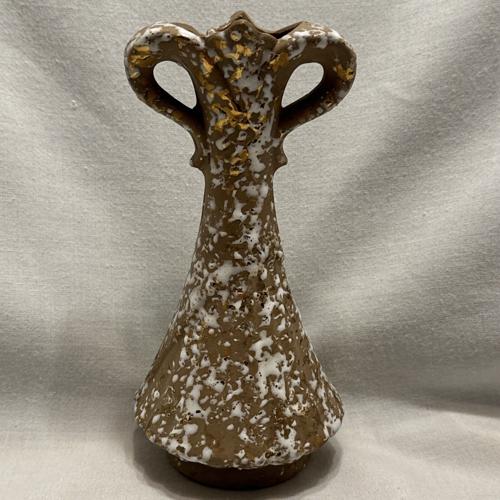 Vintage Mid centrury Splatter Pitcher Vase White, Gold, Brown 9 Inch Bud Vase