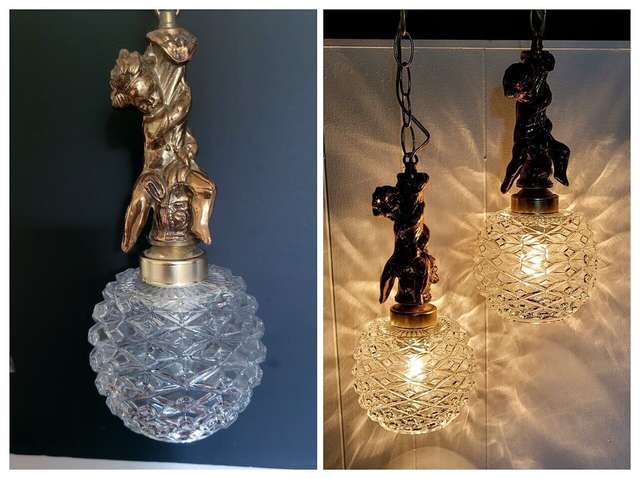Vtg Hollywood Regency PAIR Swag Lamps Pendant Light Fixture Cherubs Plug ins