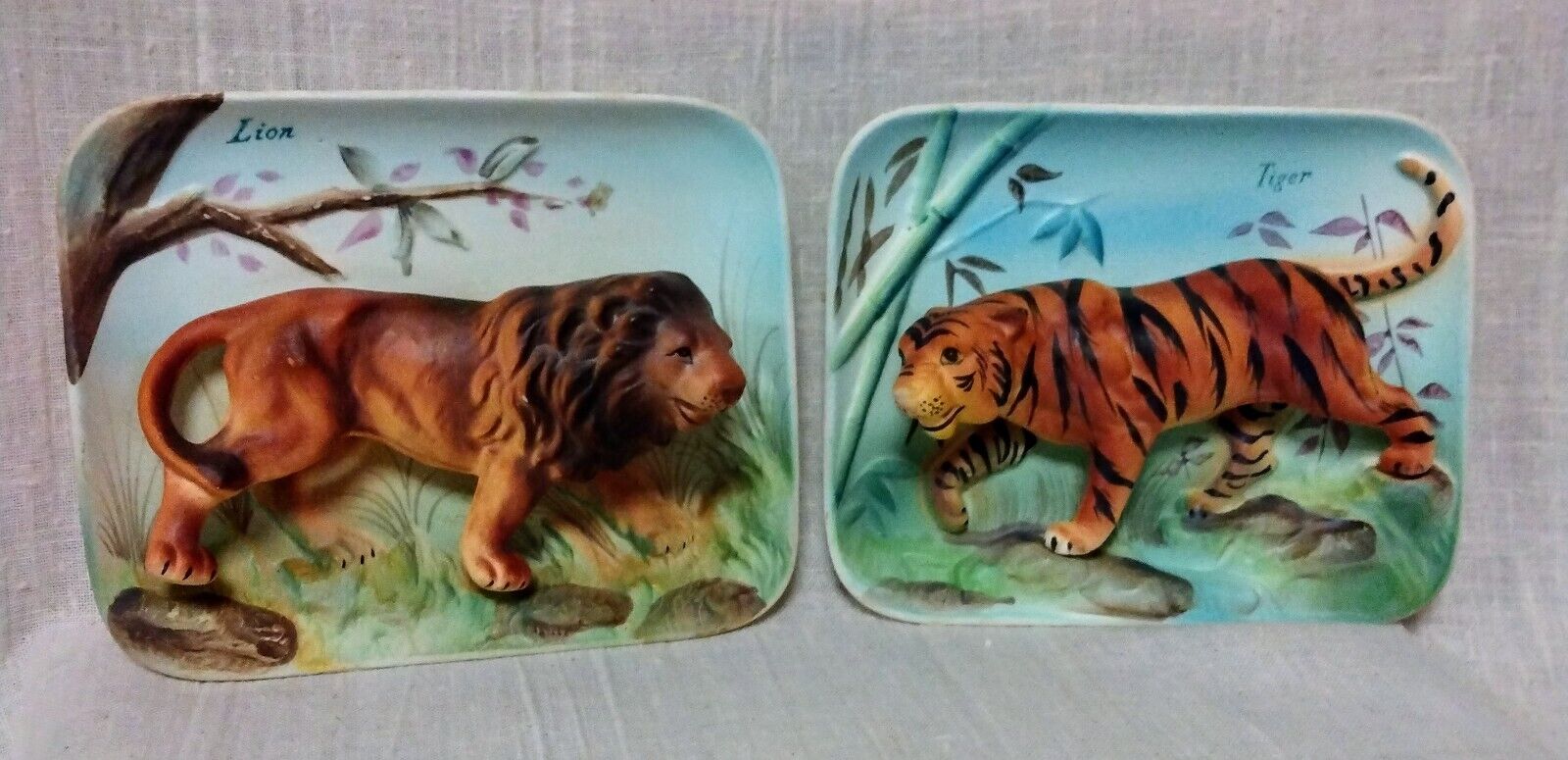 Vintage Bradley Exclusives Japan 3D Wall Plaque Decor Lion Tiger - Set of 2
