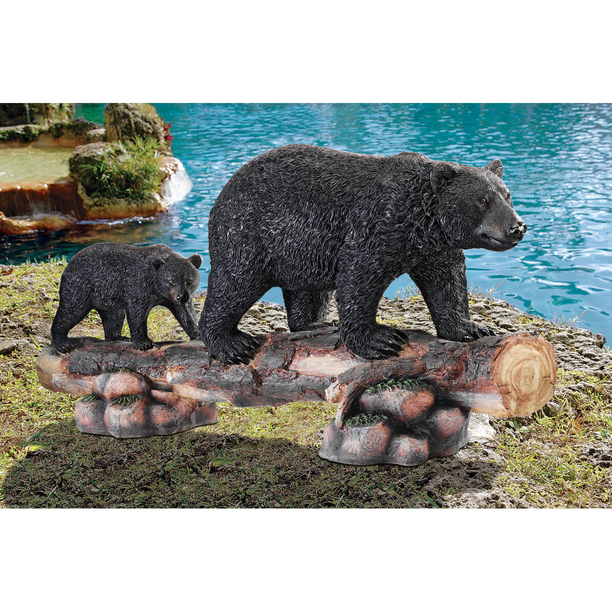 Grand Scale Mother & Cub Black Bear Crossing Log Wildlife Yard and Garden Statue