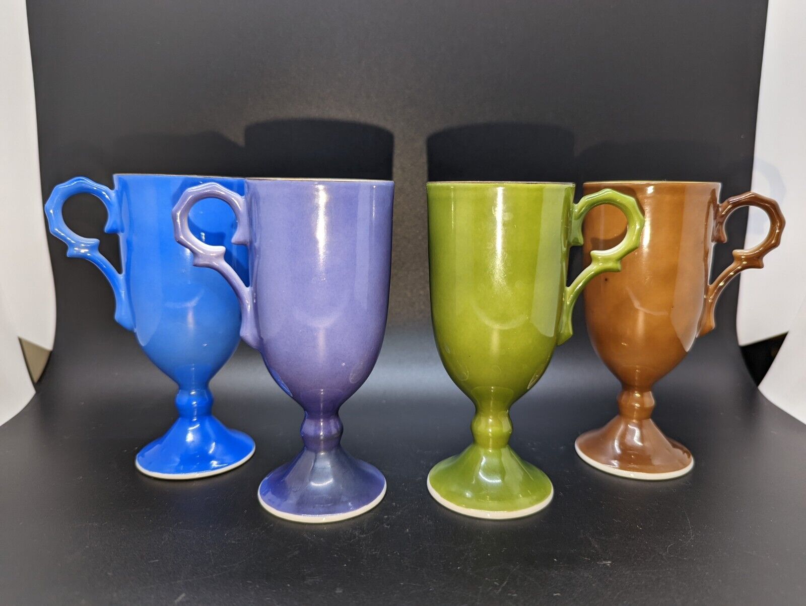 Set Of 4 Vintage Pedestal Footed Irish Coffee Mugs Colorful Teacups EUC