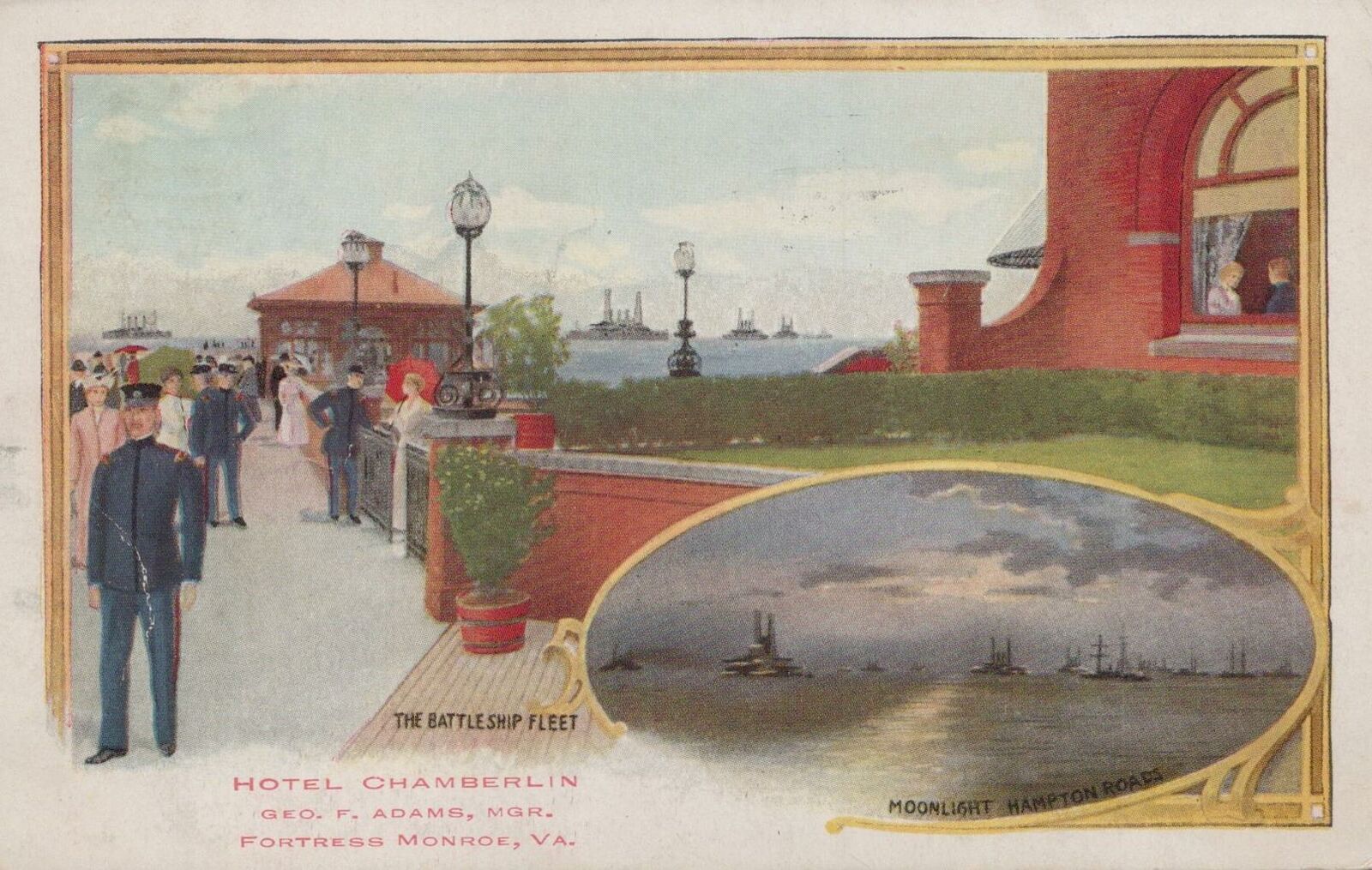 Postcard The Battleship Fleet Hotel Chamberlin Fortress Monroe VA 
