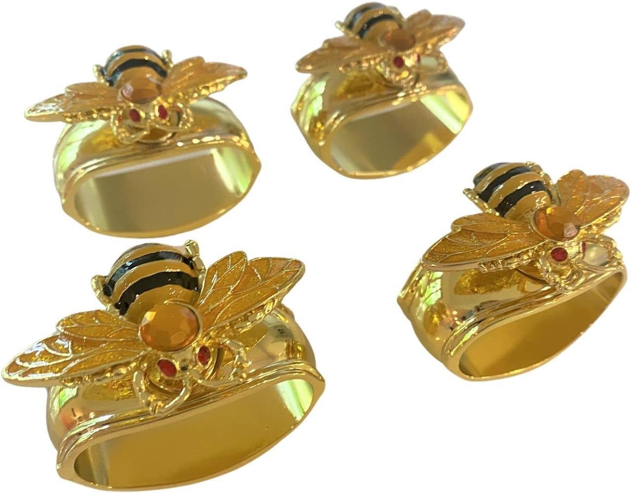 Hans Turnwald Set 4 Bee Bumblebee Enamel Crystal Napkin Rings Signed Gold Plated