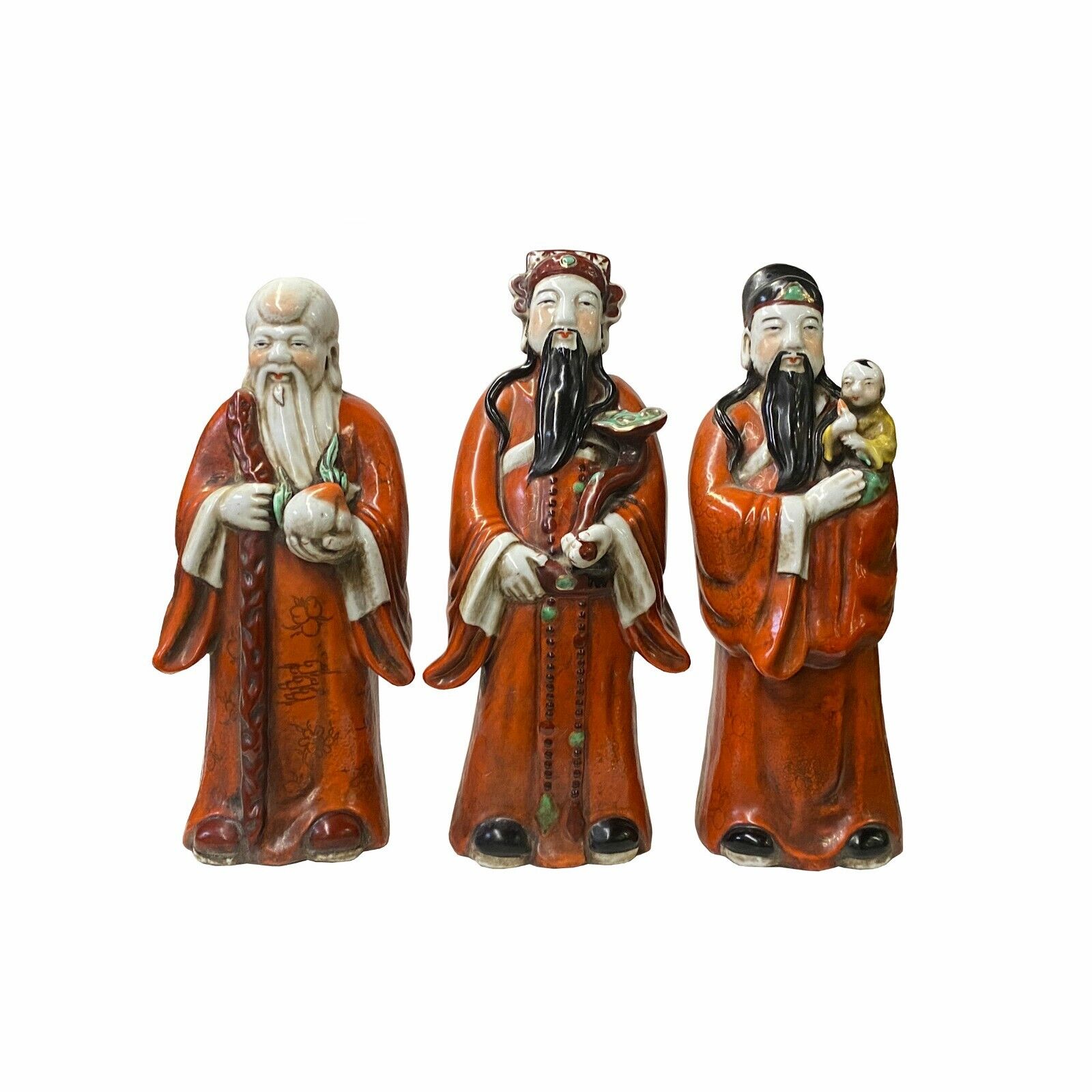 Chinese Distressed Orange Color Fenghsui Fok Lok Shao Figure Set ws1788