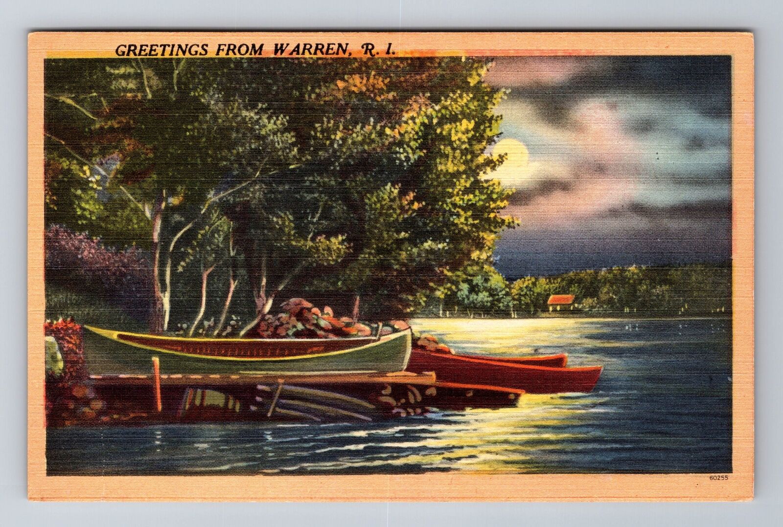 Warren RI-Rhode Island, General Greetings, Boat on Lake Antique Vintage Postcard