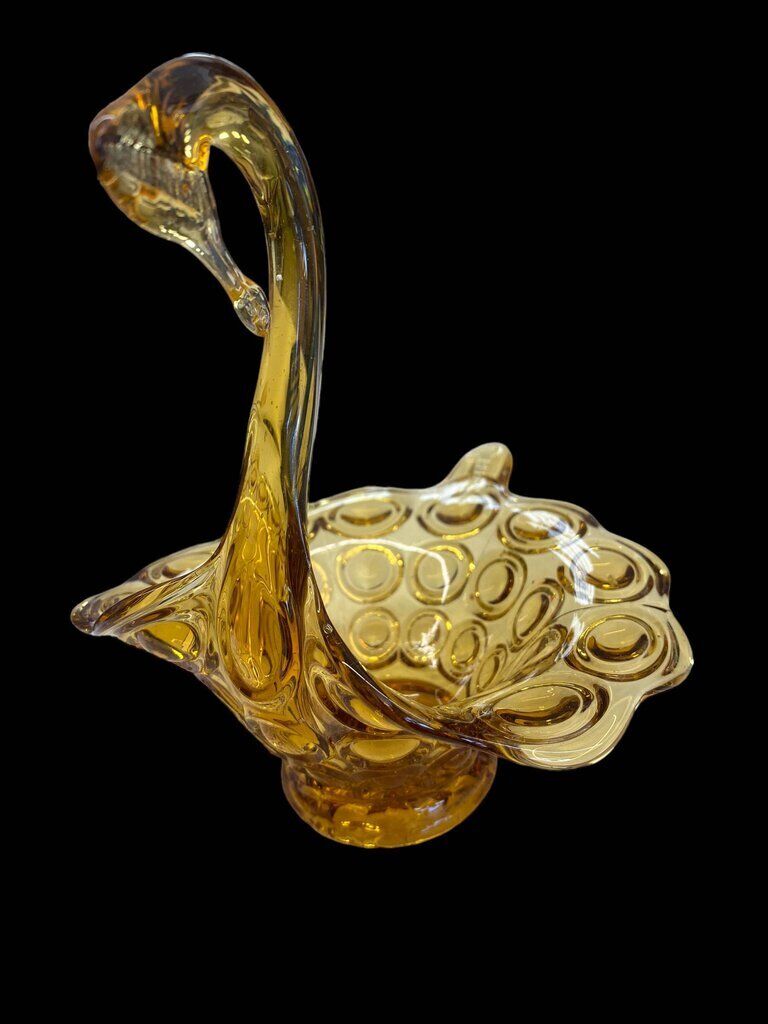 Vintage Kanawha Art Glass Amber Yellow Swan Bird Waterfowl Bowl Dish