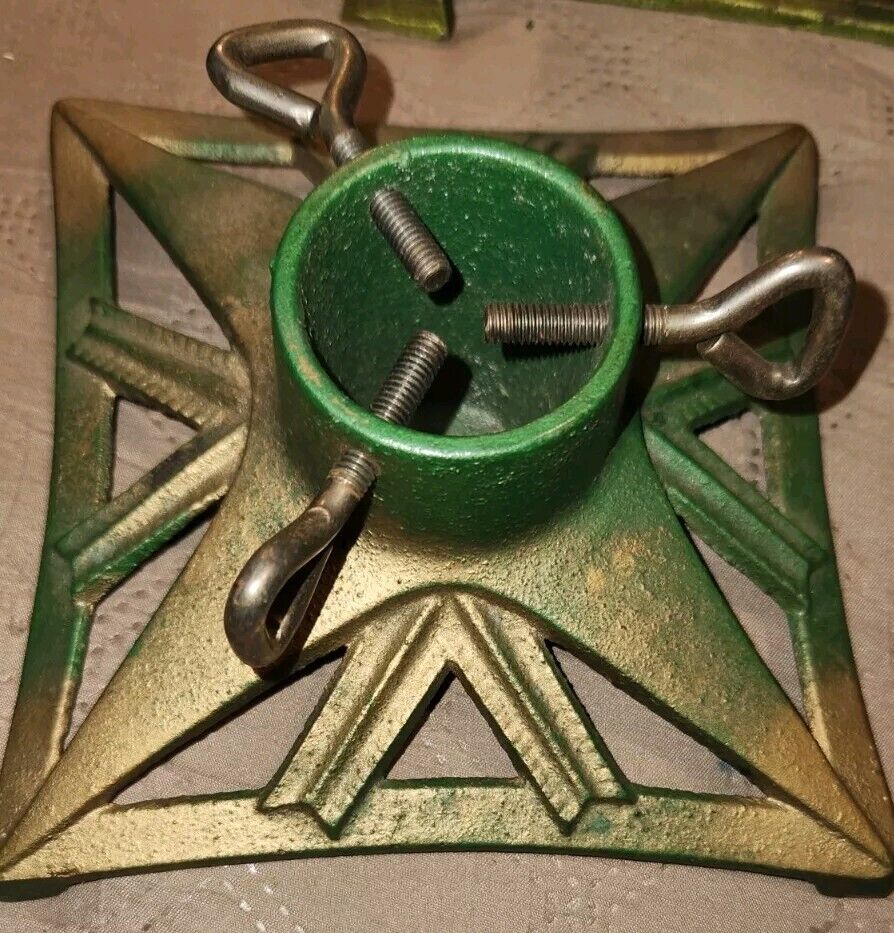 Antique Art Deco Cast Iron Christmas Tree GERMANY?  Stand Green Gold 6\