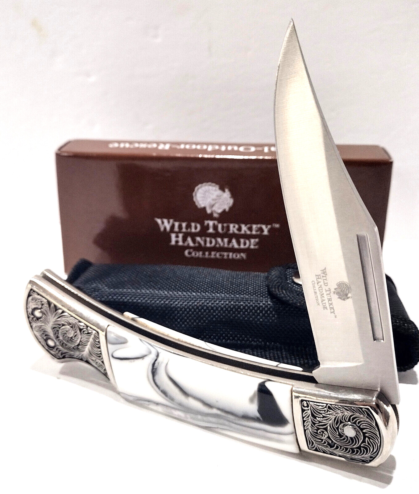 Wild Turkey White Black Pearl Swirl Lockback Folding Pocket Knife + Nylon Sheath