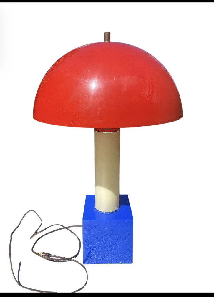 1960s Mushroom Lamp Red Shade White Mid Blue Square Base ~26” EHTF Vtg Nessen??