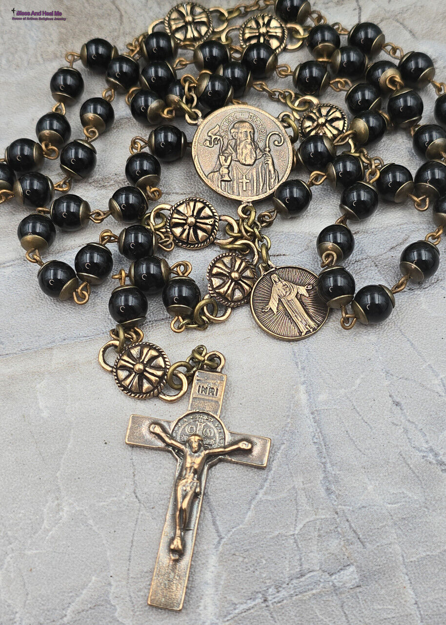 Masculine Antique-Style St. Benedict & Sacred Heart Rosary - Bronze, Black Onyx
