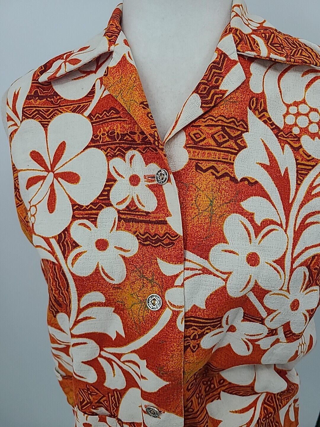 Vintage 1960s Royal Hawaiian Tiki Shirt, Orange Floral Island Button Down Small