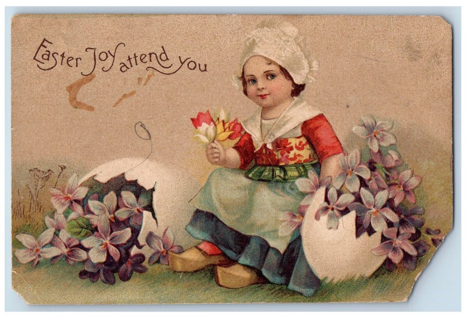 Easter Postcard Dutch Kid Hatched Eggs With Flowers Embossed 1908 Posted Antique