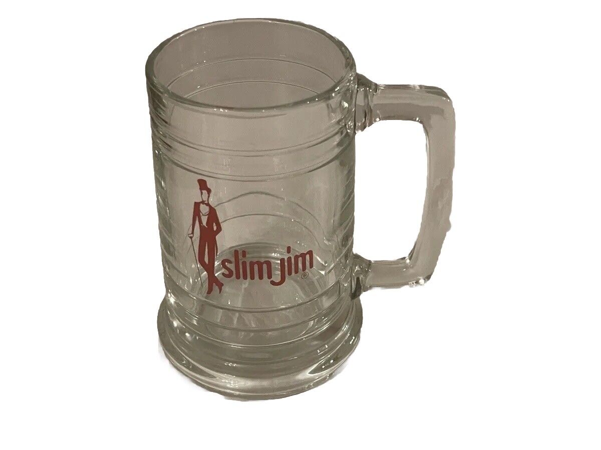 Vintage 1990\'s Slim Jim Heavy Beer Mug Red on Clear Glass 14 oz 3x5 Advertising