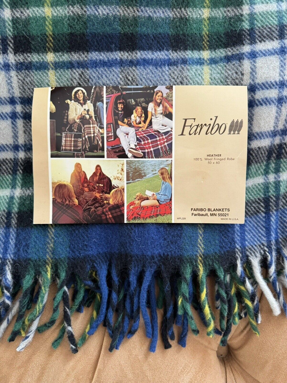Faribault Woolen Mills Faribo 100% Wool Loomed Blanket 50 x 60 Blue Green Plaid