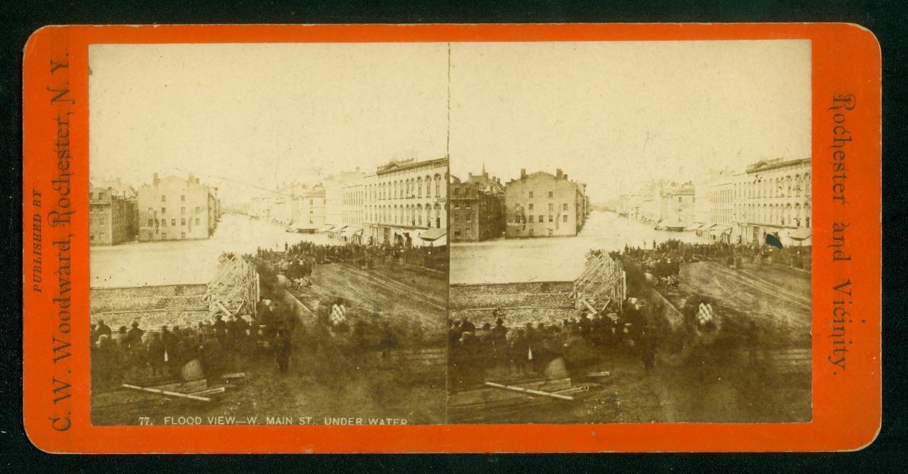 a639, C.W. Woodward Stereoview, #77, Flood View - W Main St, Rochester, NY, 1865