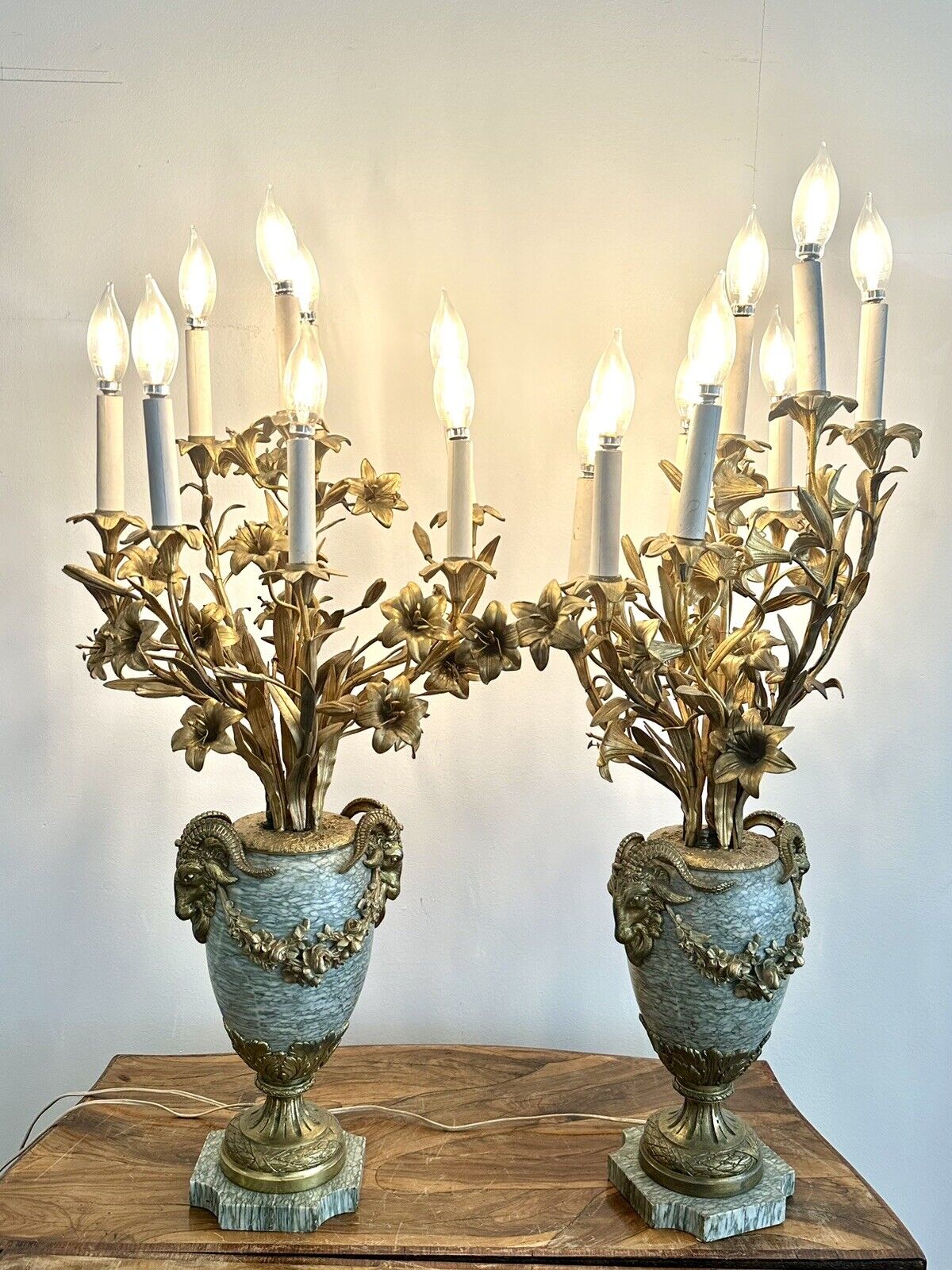 Antique French Ormolu Bronze & Marble Ram’s Head Table Lamps