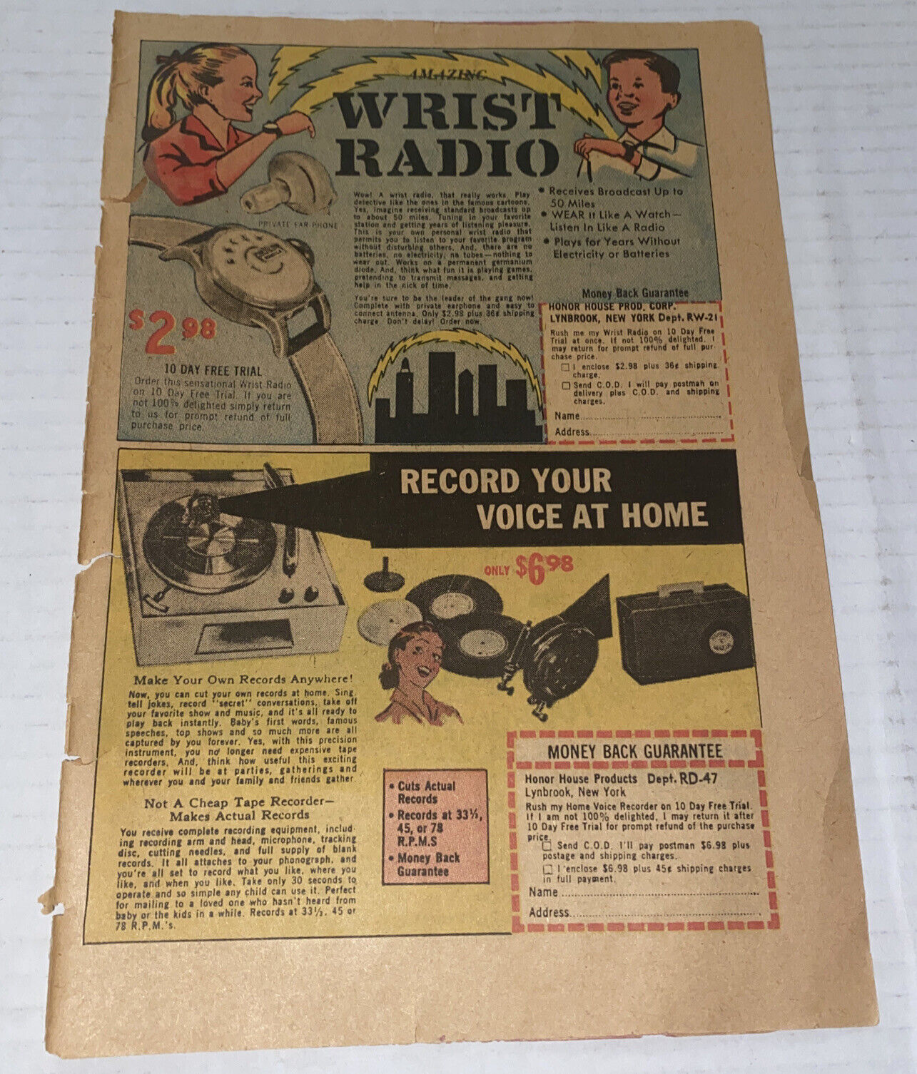 Vintage 1960s Toy Offer Print Ad Wrist Radio Record Recorder Honor House NY 1962