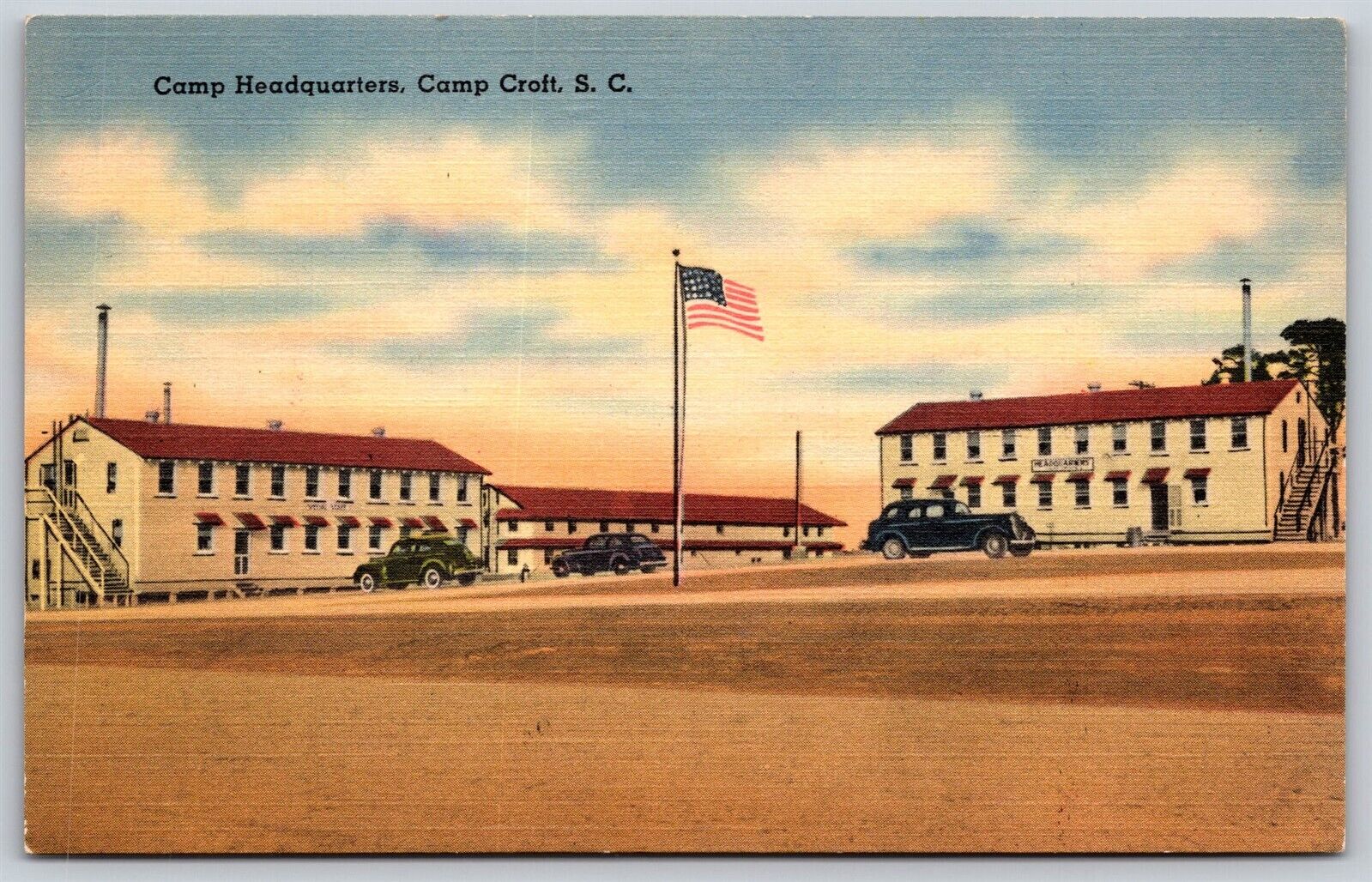 Postcard Camp Headquarters, Camp Croft SC Linen C65