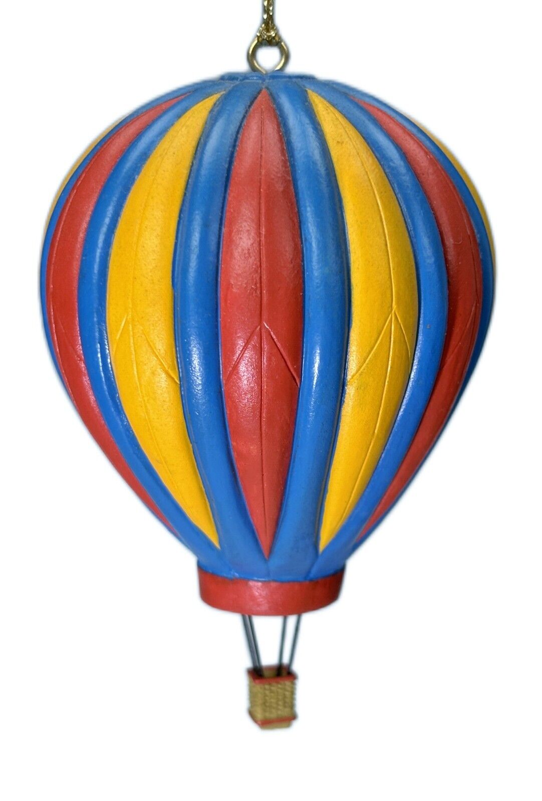 3.5” Hot Air Balloon Painted Wood Christmas Ornament Hanging Blue Yellow Red