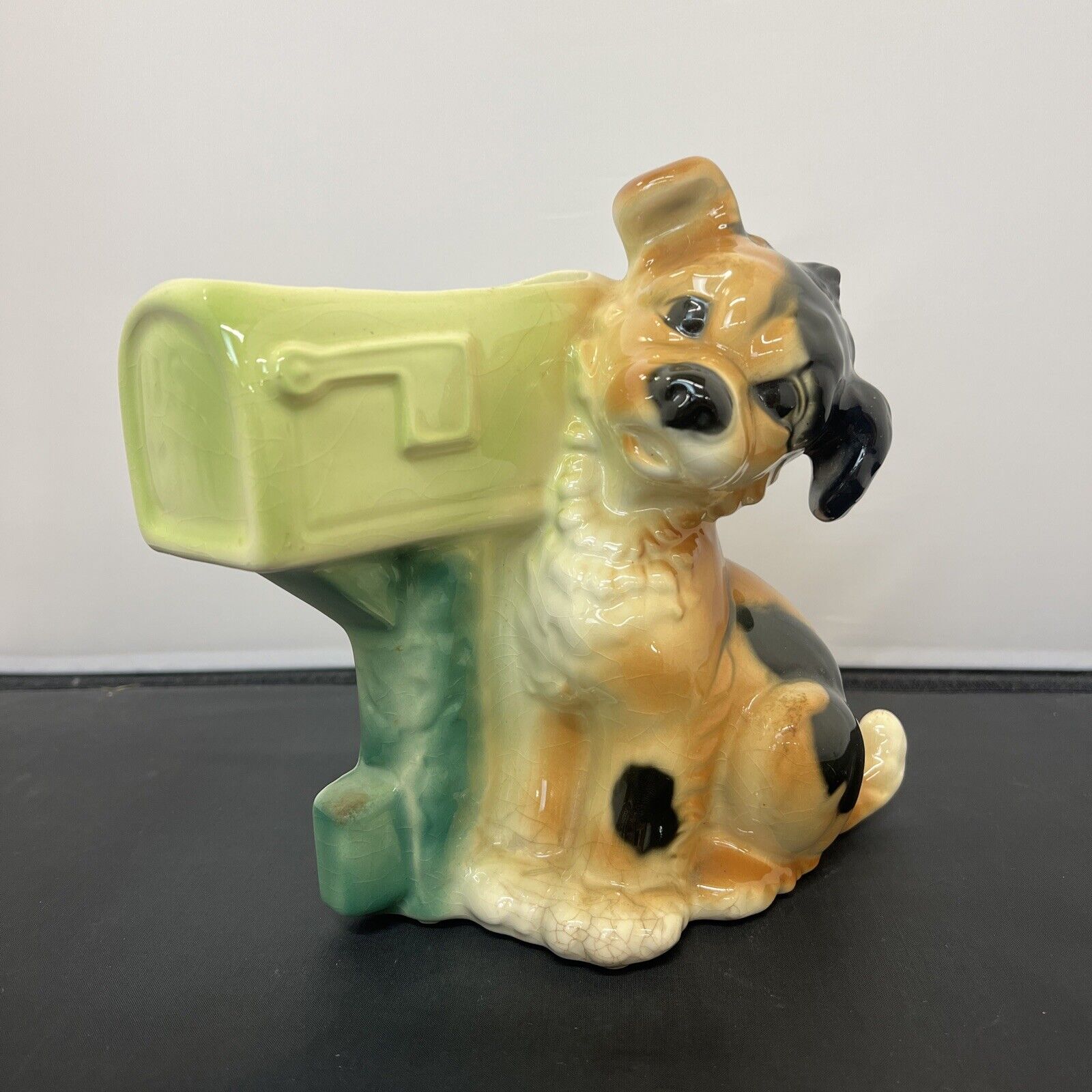 Vintage Royal Copley Ceramic Puppy Dog Green US Mail Mailbox Planter 8” Charity