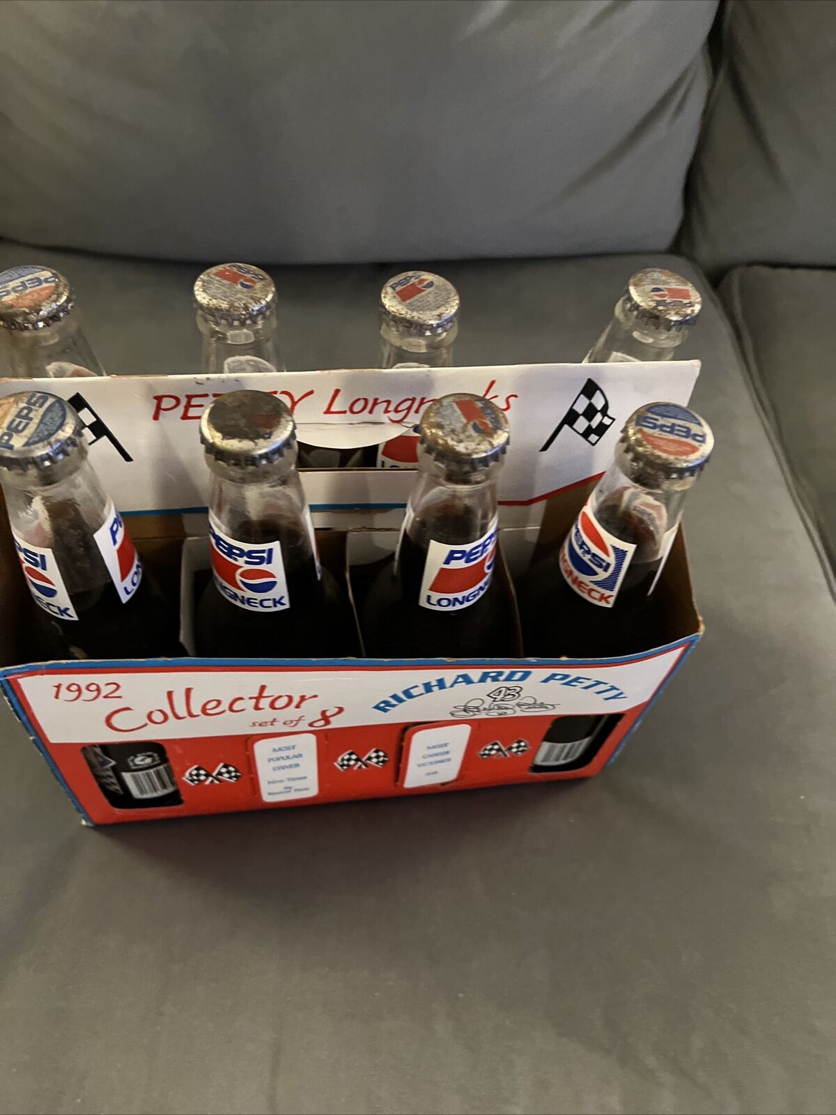 Pepsi Full Bottles 8 pack with box Richard Petty Set of 8 Full Long NeckBottles.