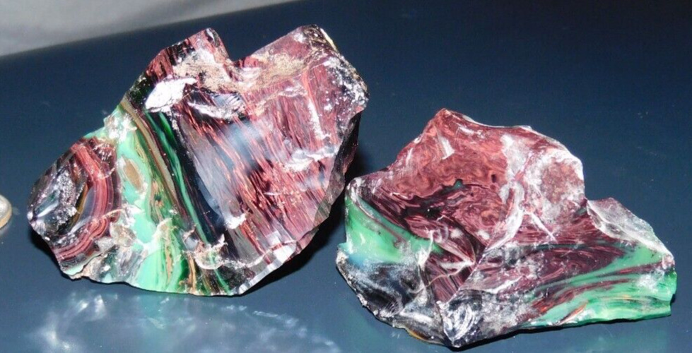 9.1oz 2pcs Firey Red Antique Recycled Slag Glass from Pittsburgh, PA