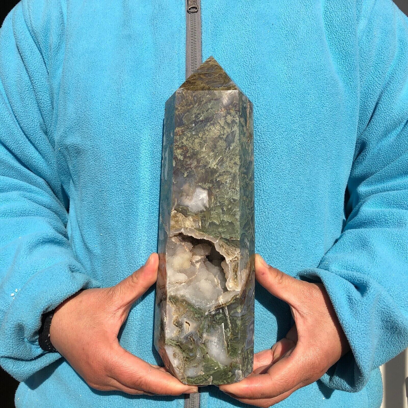 5.4 LB Natural 10.5 Inch Aquatic Agate Quartz Obelisk Crystal Point Wand Reiki