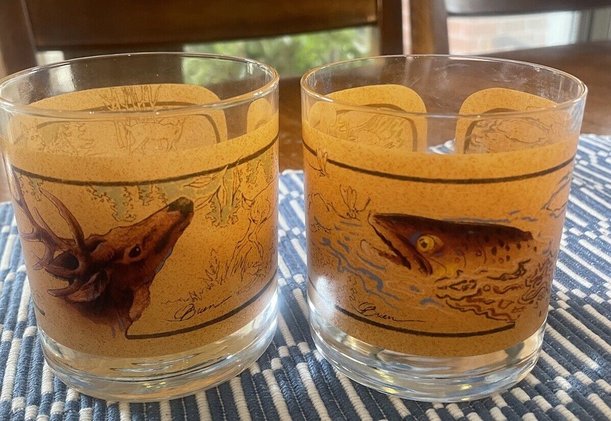 Vintage Avon Wildlife Bar Glasses Set of 2 Artwork by Tom O'Brien Fish And Deer