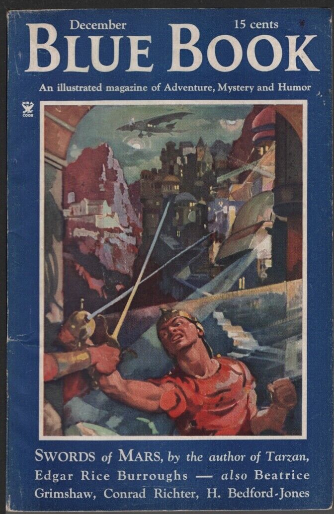 Blue Book 1934 December. Swords of Mars cover. Edgar Rice Burroughs.  Pulp