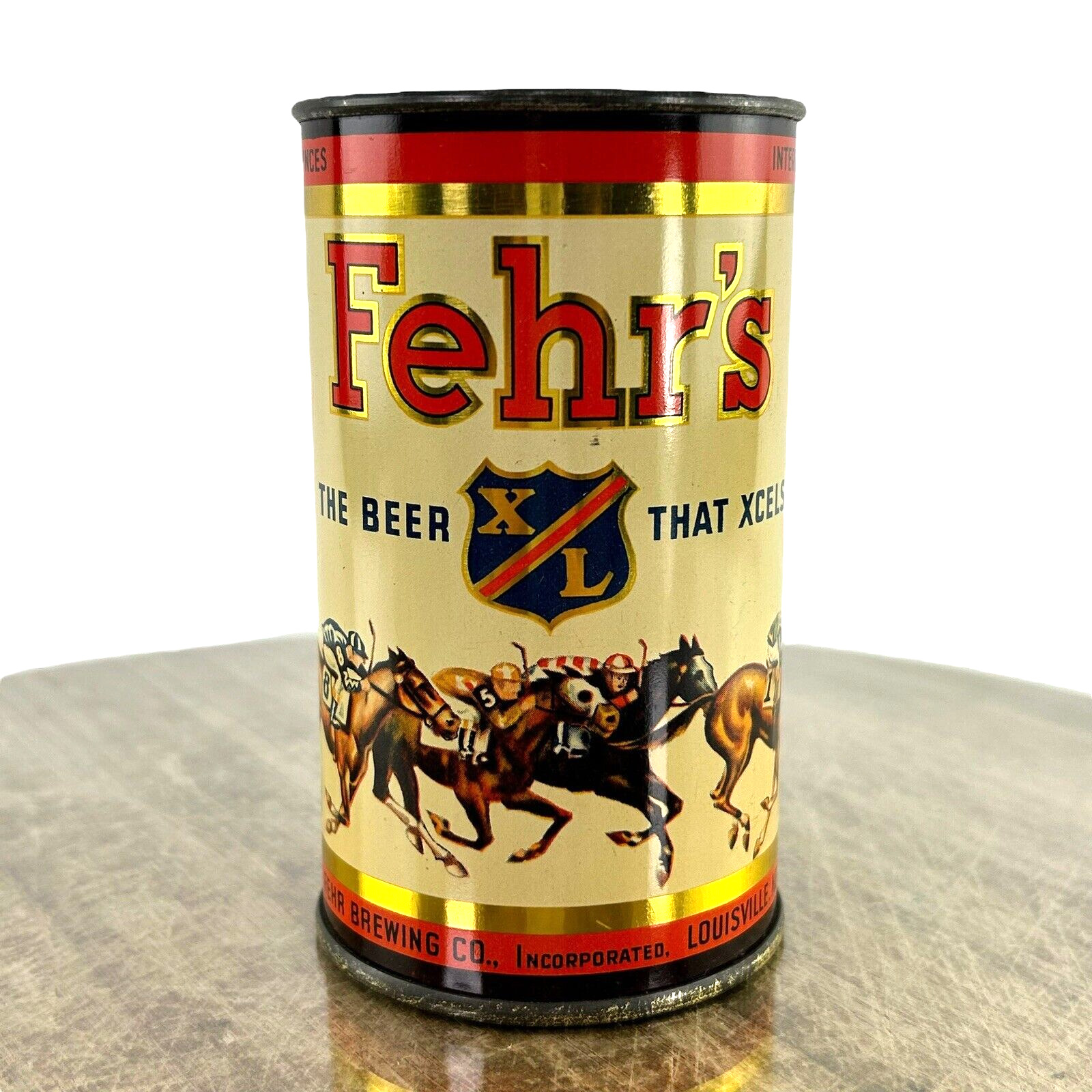 Vtg Fehr’s brewing co X/L crowntainer beer can mug horses KY cone top LAST ONE