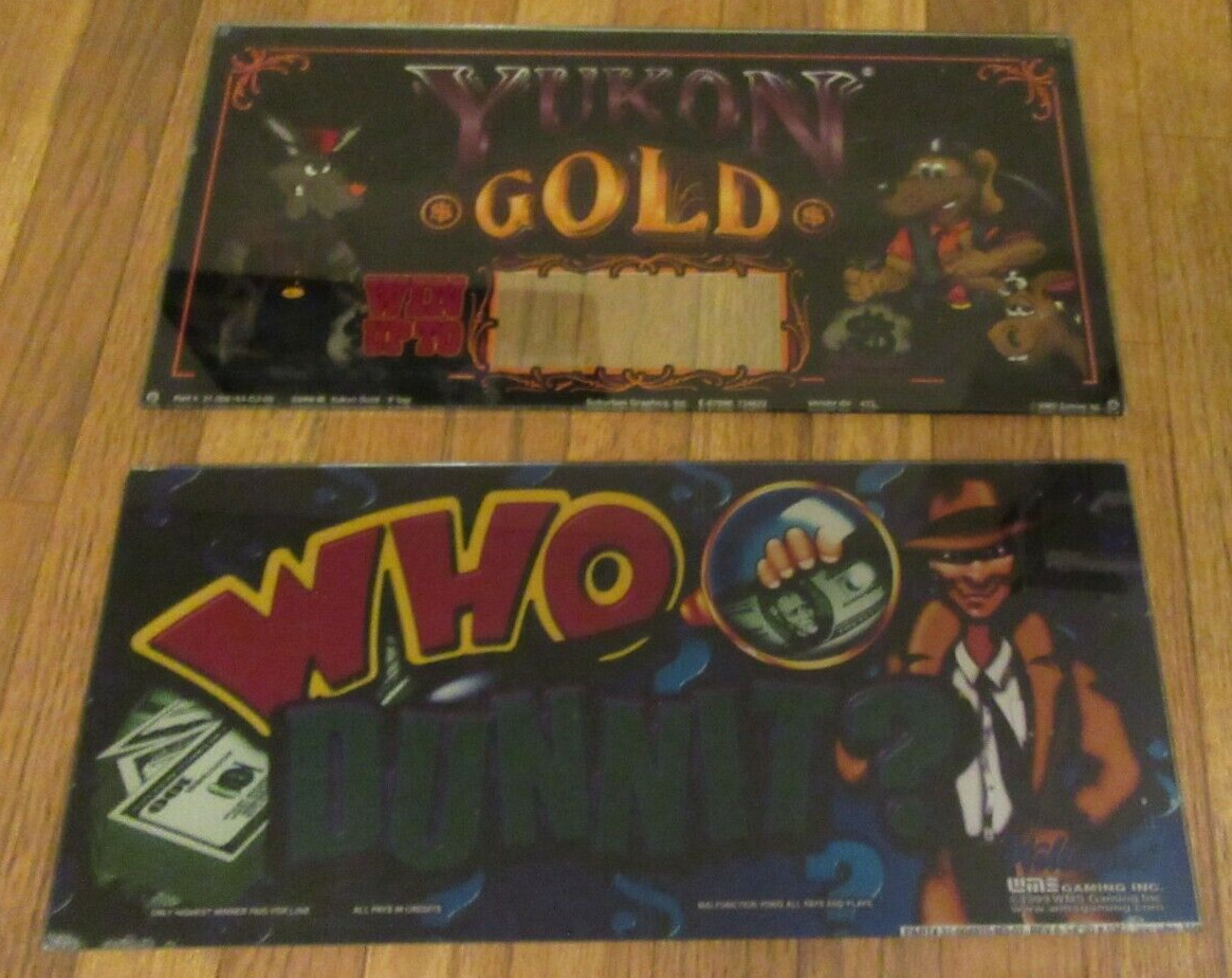 WMS Gaming Slot Machine Glass Panel Lot Yukon Gold & Who Dunnit? Used Williams