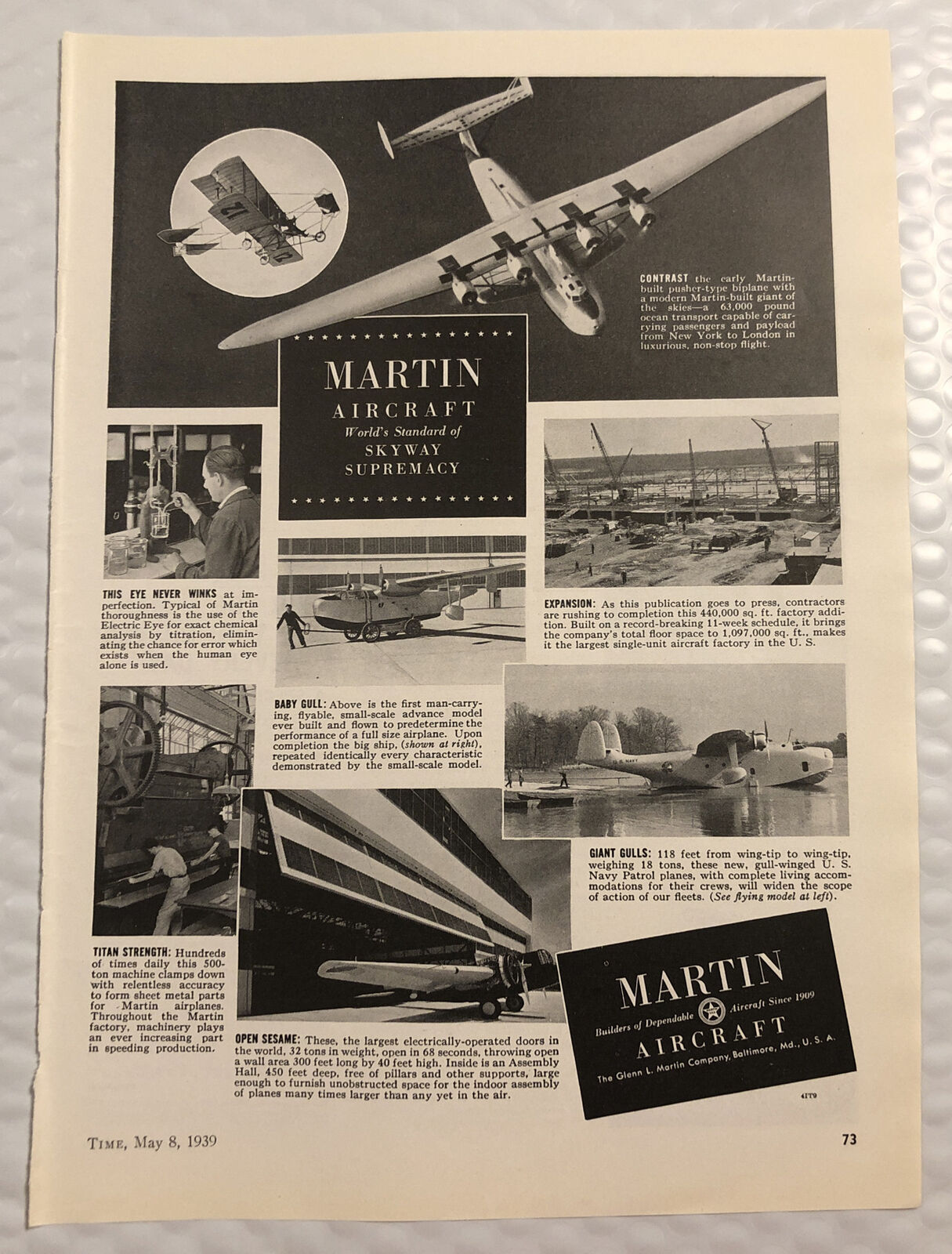 Vintage 1939 Martin Aircraft Print Ad - Full Page - Standard Of Skyway Supremacy