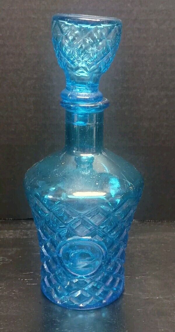 Vintage MCM Turquoise Blue Glass Decanter & Stopper - England 20 Oz