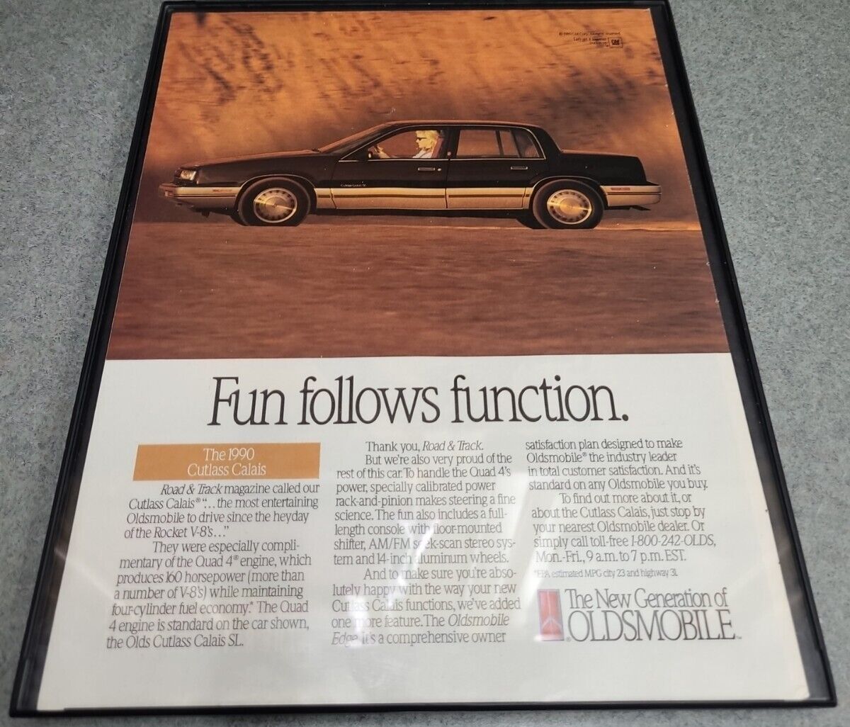1990 Oldsmobile Vintage Print Ad Cutlass Calais SL Fun Function Framed 8.5x11 