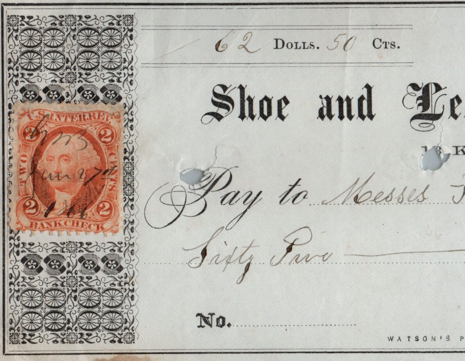 Vintage 1866 Bank Check Cheque SHOE AND LEATHER NATIONAL BANK Boston Mass