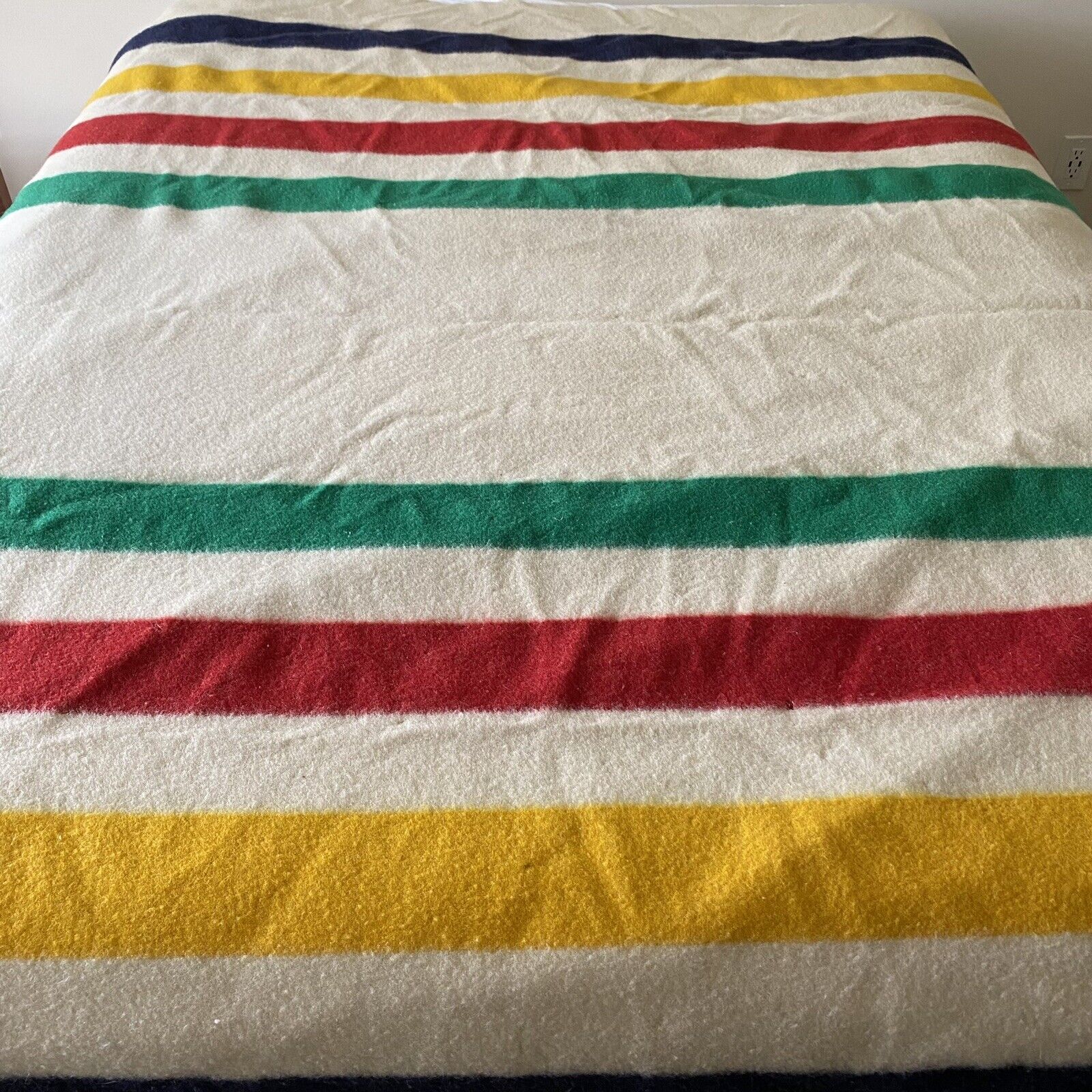 Vintage Hudson Bay Point Blanket 100% Wool Stripes Queen Size Made in England