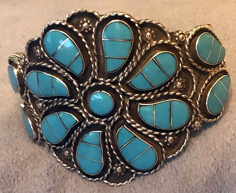 Best Zuni Susie Leekity Lowsayatee Bracelet Channel Inlay Turquoise Museum Qual