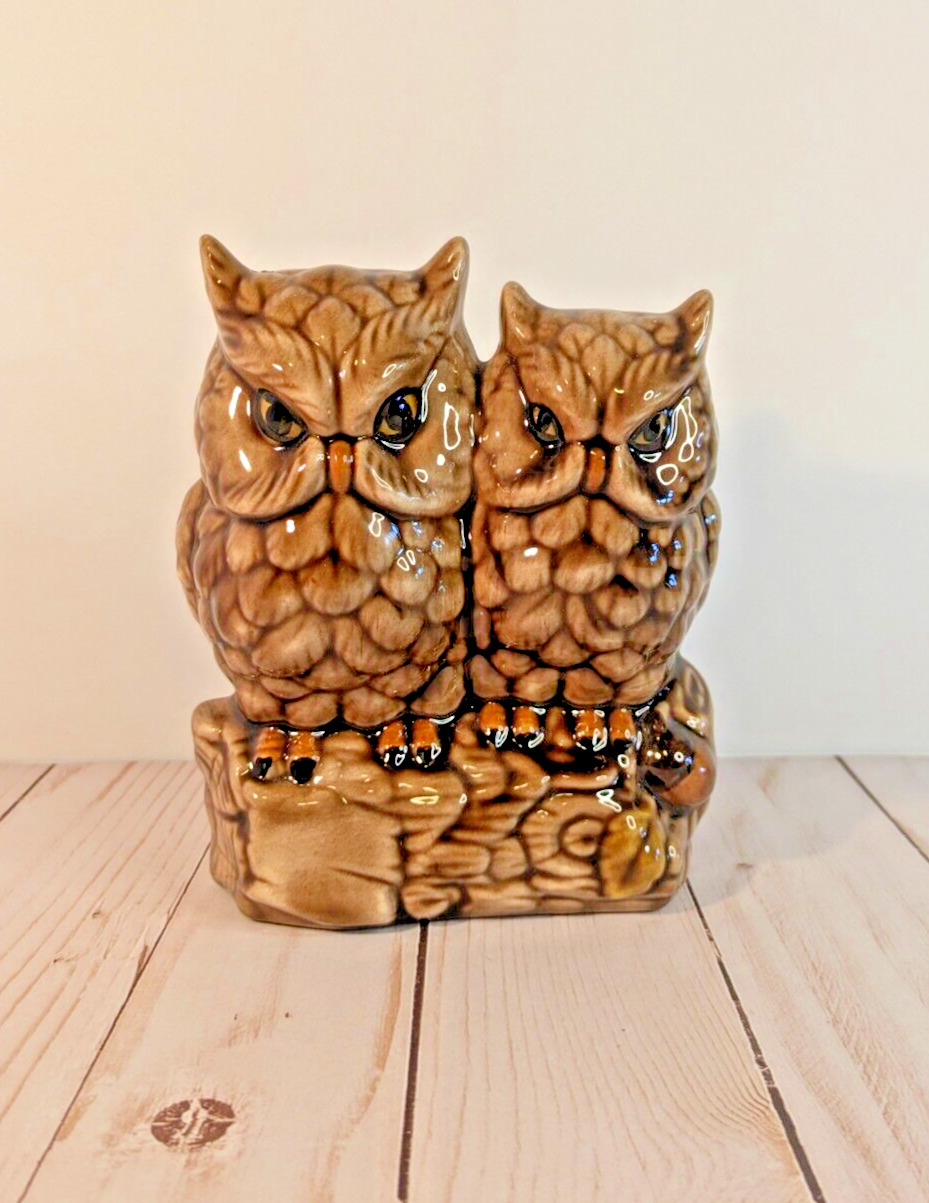 VTG Whimsical Duo of Glazed Ceramic of Owls on Tree Stump Nature Lover Hiking