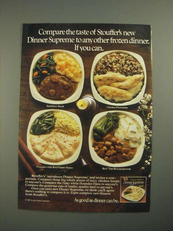 1987 Stouffer\'s Dinner Supreme Ad - Salisbury Steak, Chicken Florentine