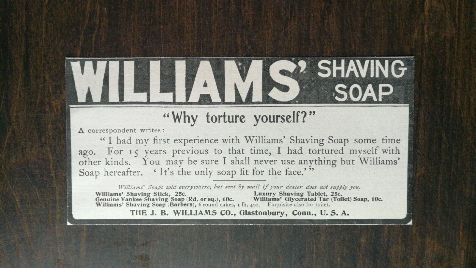 Vintage 1904 William Shaving Soap J.B. Williams Company Original Ad - 721