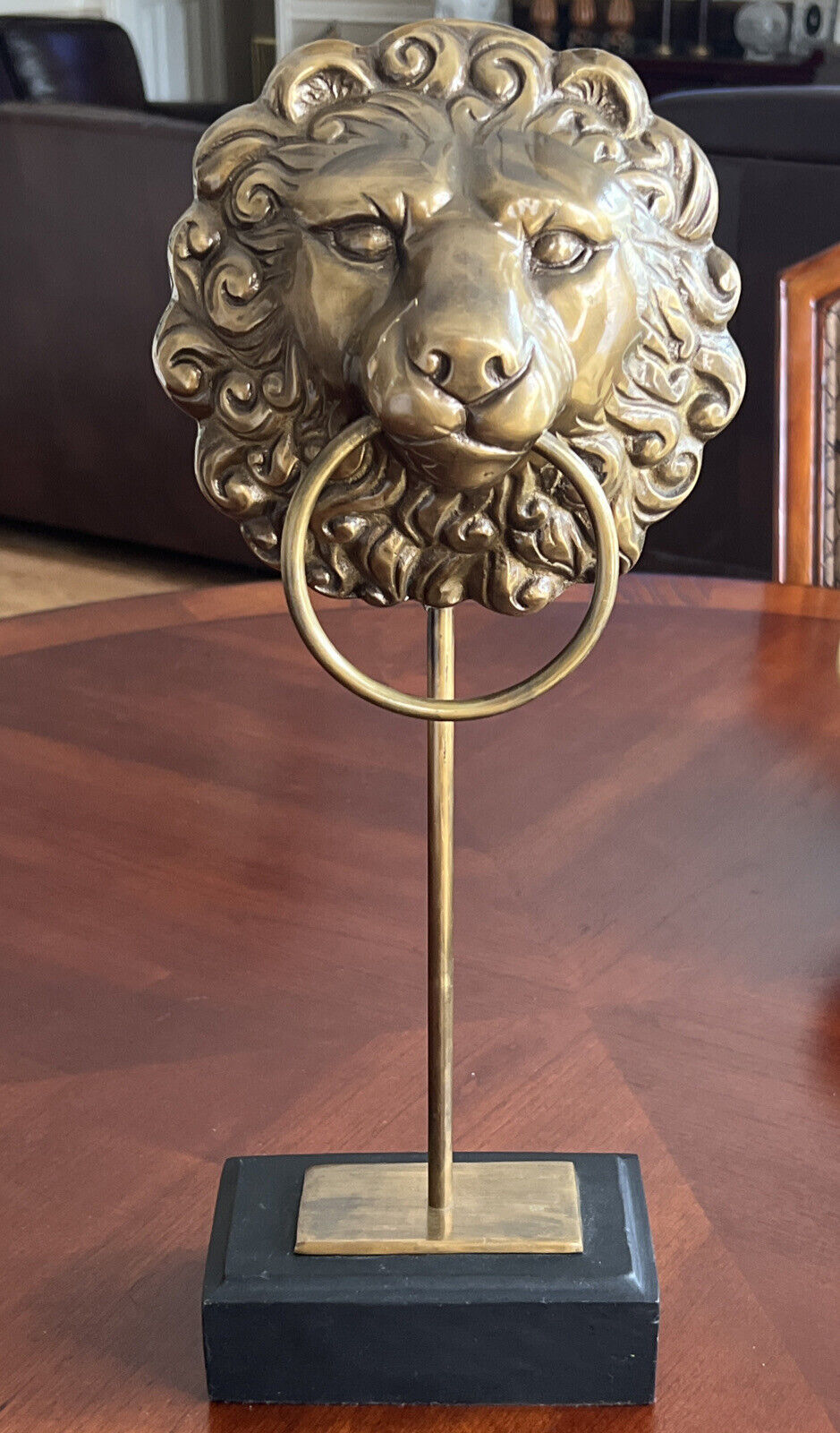 Antique Brass lion head on stand 19 1/4” Tall