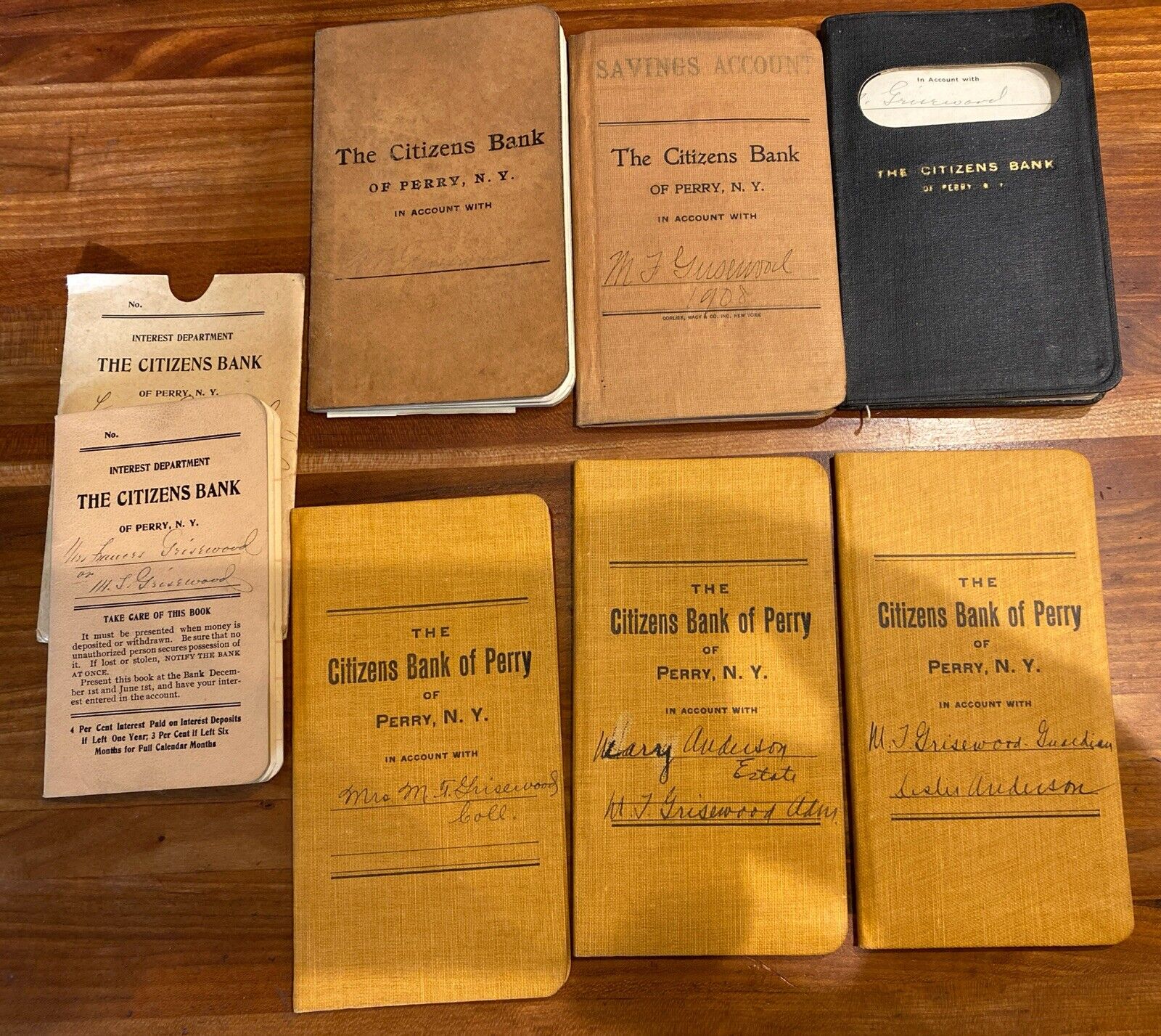 7 Citizens Bank Passbooks 1900’s Perry,NY. Includes One Check 1917 And 2 Receipt