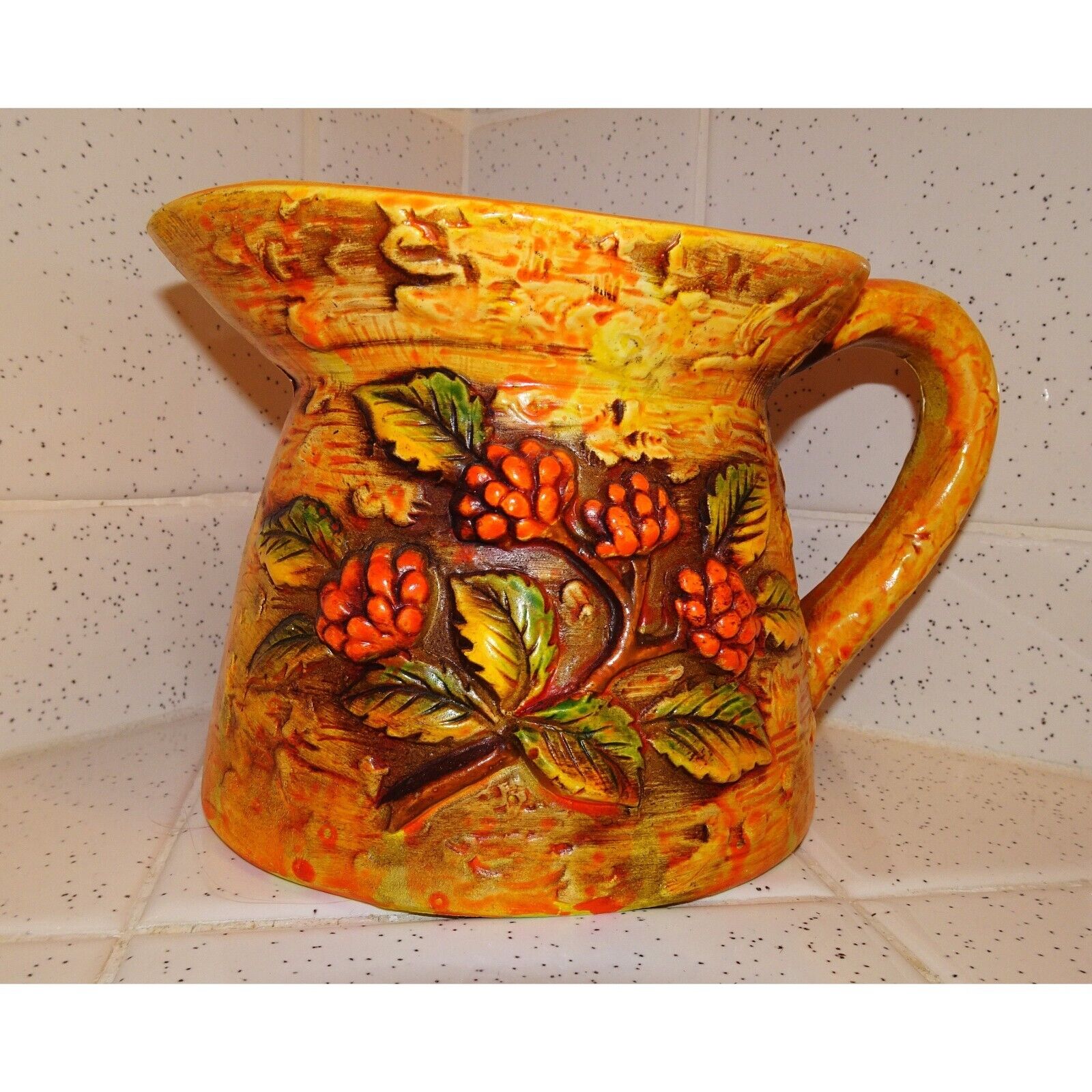 Vintage Caffco Ceramic Pitcher berries & leaves 70s planter vase mcm Japan