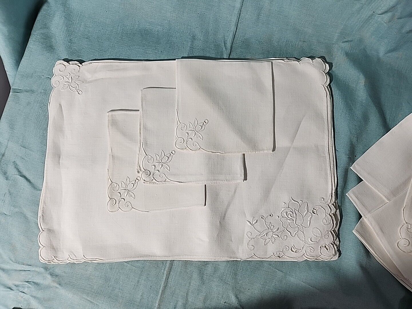 Vintage White Linen Madeira Placemats & Napkins Floral Embroidery Quality 16 Pcs