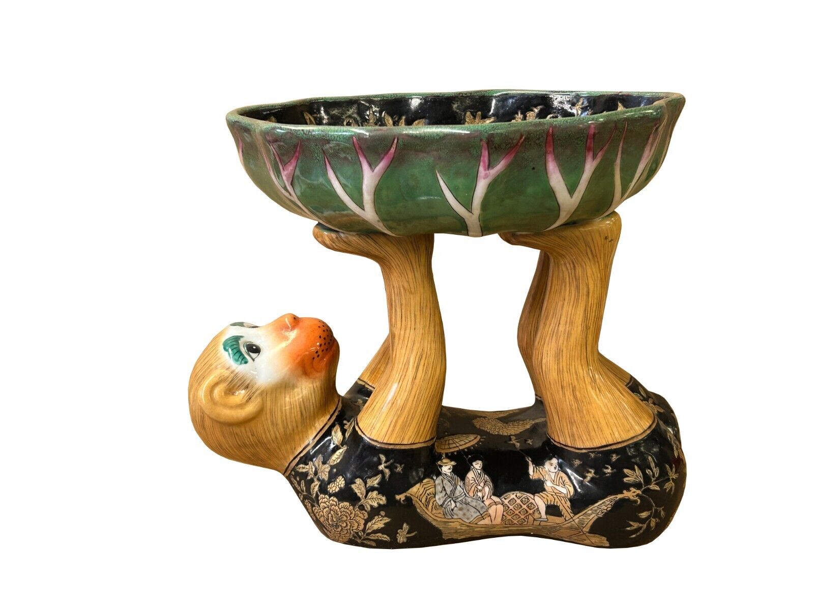 Vintage Oriental Black Copper Color Flower Monkey Holding Bowl Figure ws3921