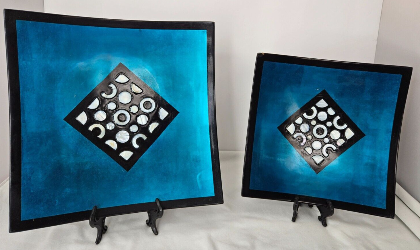 Set of 2 Blue Wood Lacquer-ware Square Tray /Plate Shiho-Bon Japenese Inlaid MCM
