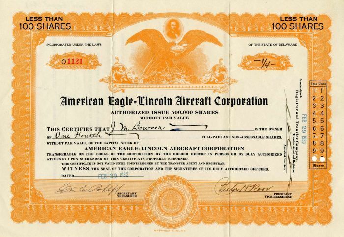 American Eagle=Lincoln Aircraft Corporation - Stock Certificate - Aviation Stock