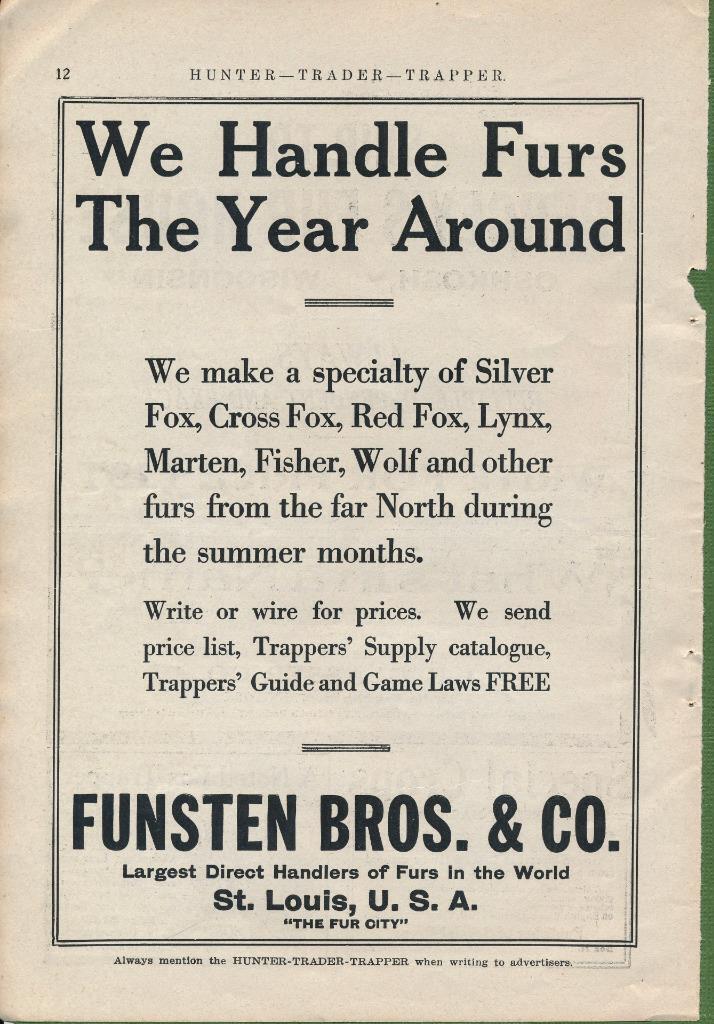 Magazine Ad - 1916 - Funsten Bros. Co, St Louis, MO - Raw Furs