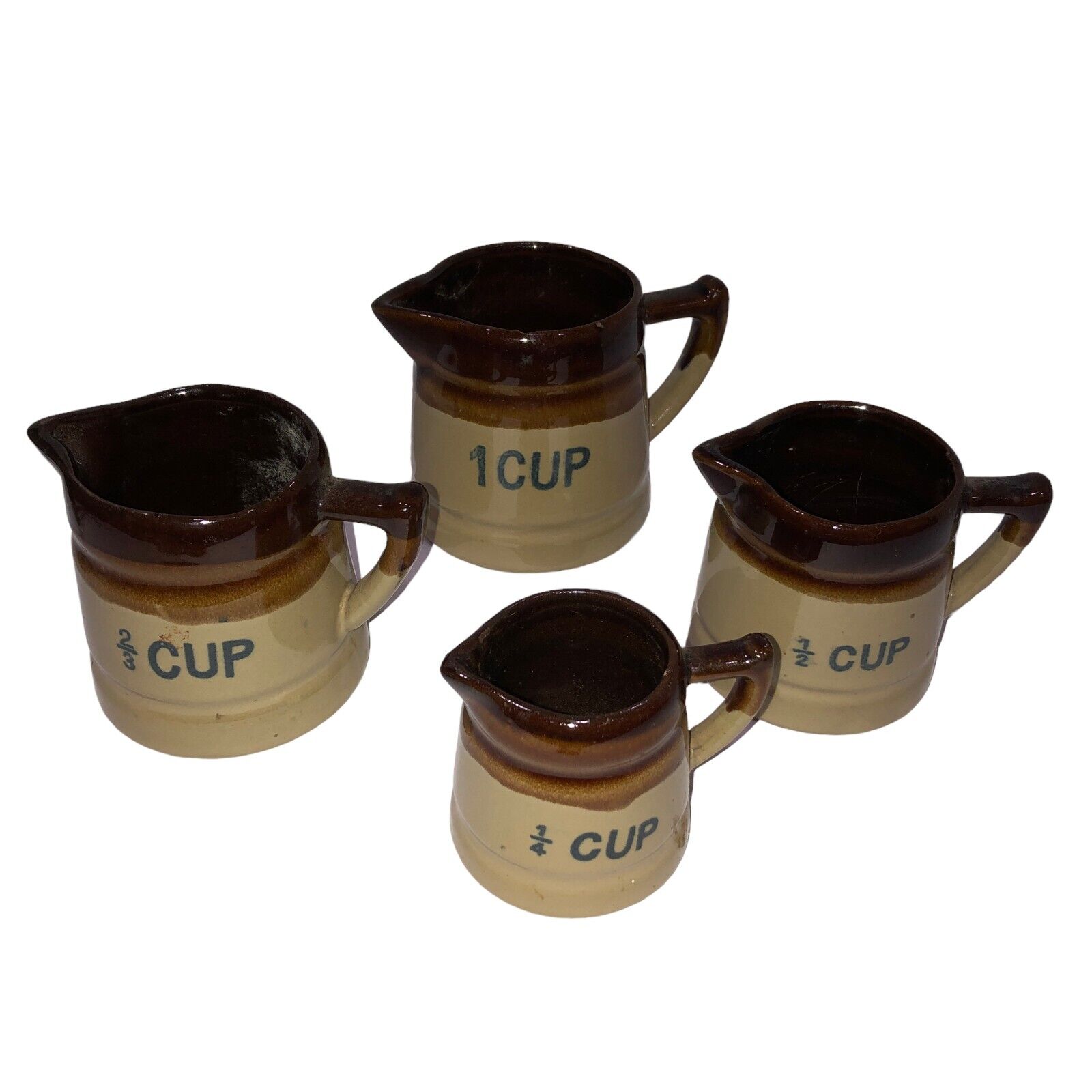 VTG Set of 4 Glazed Stoneware Measuring Cup Two Tone Brown Pitchers Cups Mugs